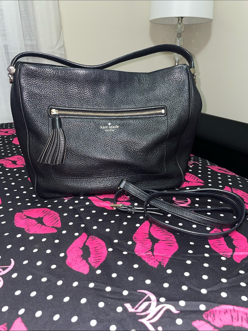 kate spade Black Pebbled Leather Shoulder Bag with Tassel Zip